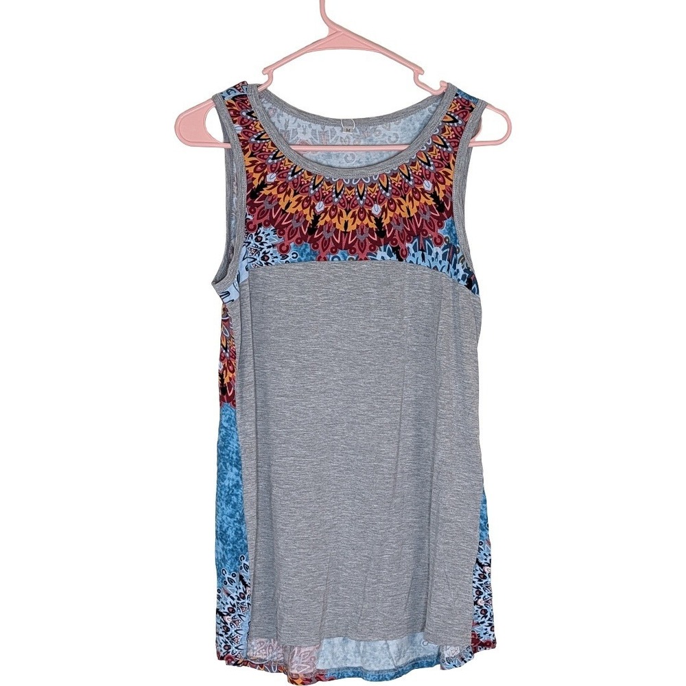 Vintatre Gray Mandala Print Tank Top Womens Medium Boho Sleeveless High Low Hem